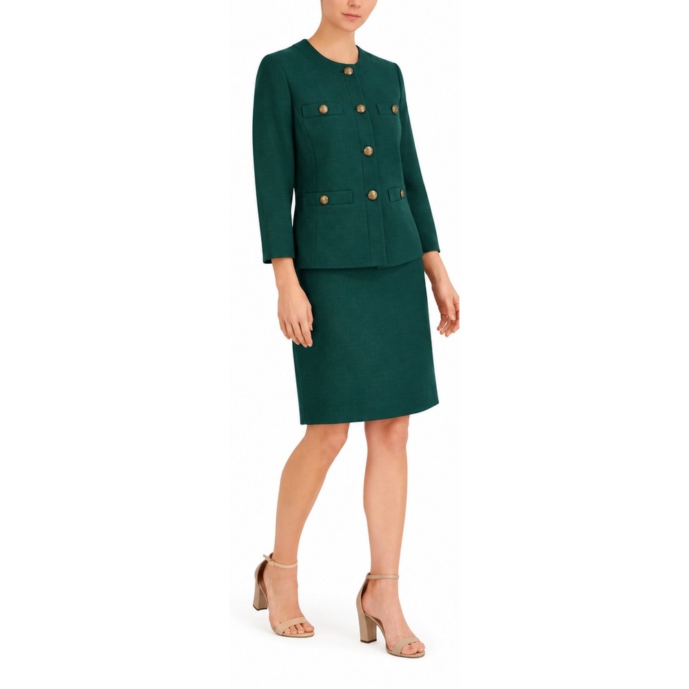 Le Suit Woman Green Skirt Suit Set 20W Plus Size 3/4 Sleeve Crest Button Blazer